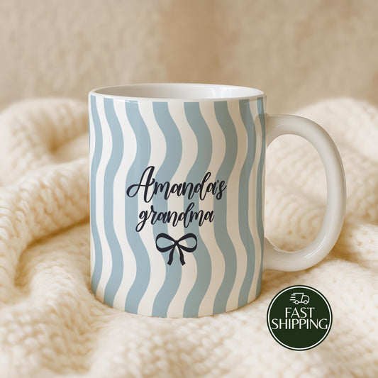 Personalized Grandma Ceramic Cup, Wavy Striped Patterned Coffee Mug