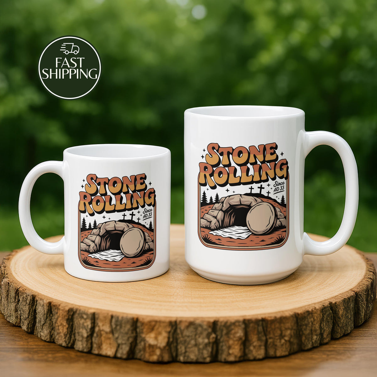 Stone Rolling Coffee Mug, Religious Easter Ceramic Cup, He Is Risen Pottery Tea Cup