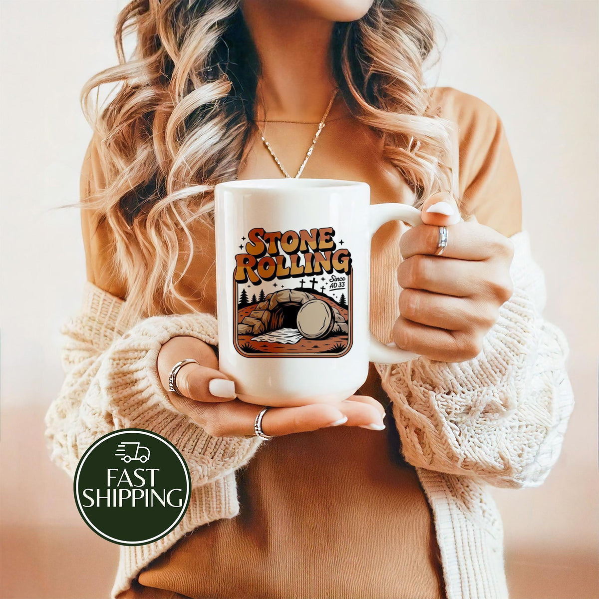 Stone Rolling Coffee Mug, Religious Easter Ceramic Cup, He Is Risen Pottery Tea Cup