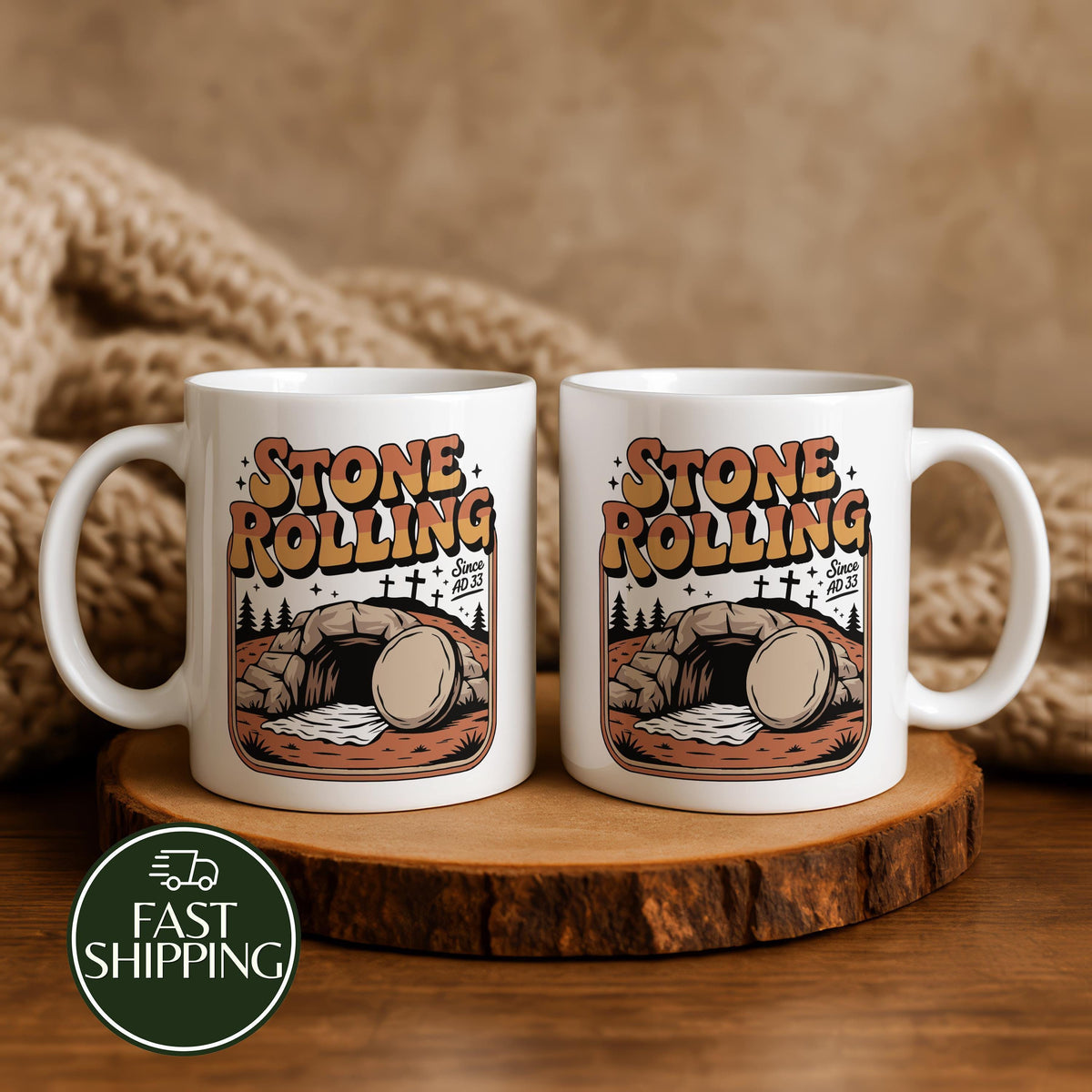 Stone Rolling Coffee Mug, Religious Easter Ceramic Cup, He Is Risen Pottery Tea Cup