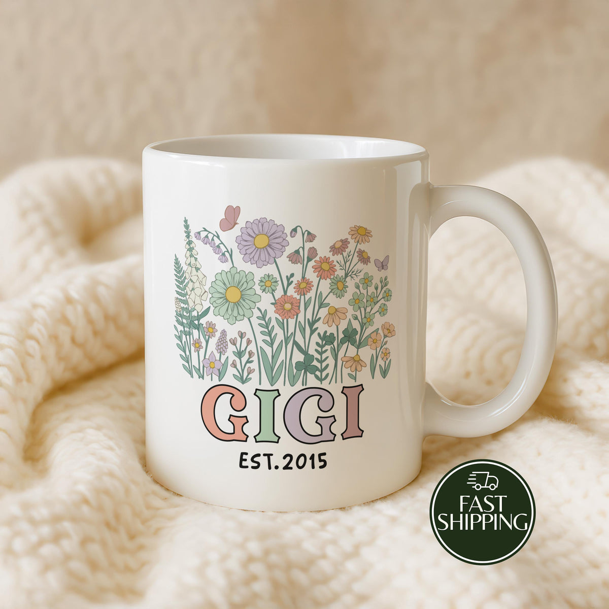 Personalized Floral Gigi Ceramic Mug, Custom Grandma Coffee Cup with Grandkids Names