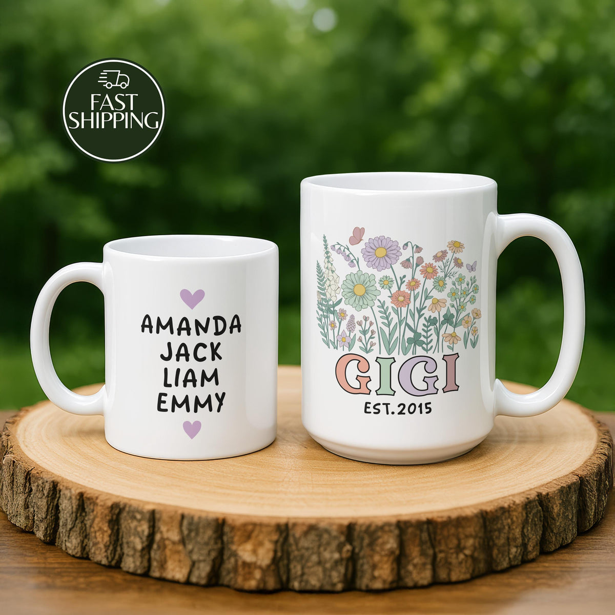 Personalized Floral Gigi Ceramic Mug, Custom Grandma Coffee Cup with Grandkids Names