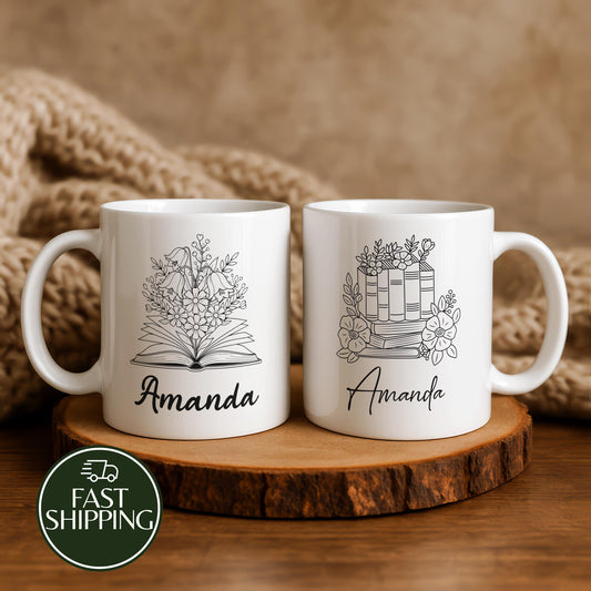 Personalized Boho Bookish Coffee Mug, Cottage Core Line Art Reading Cup, Cozy Bookworm Gift
