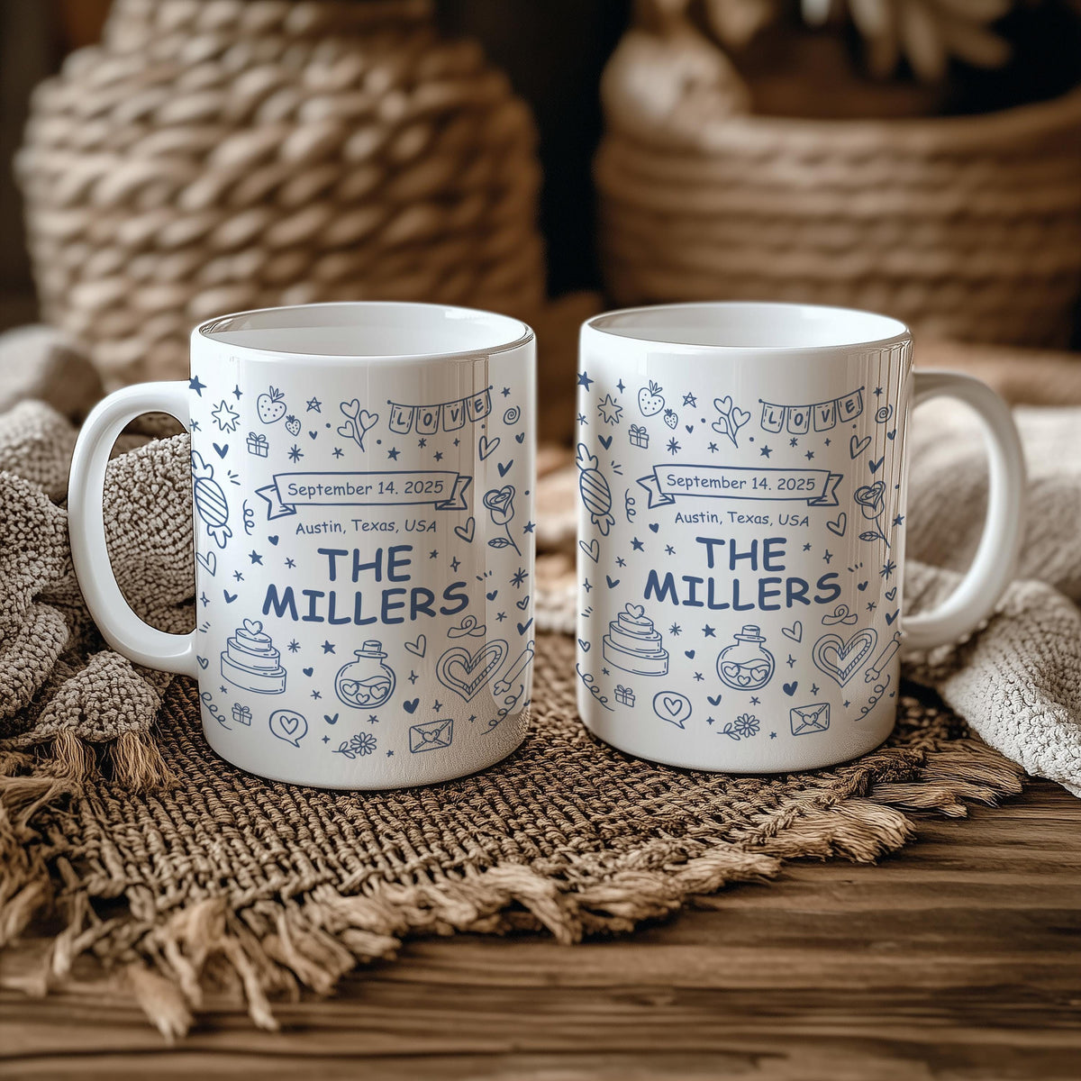 Custom Family Name Wedding Mug, Personalized Coffee Cup With Doodles, Wedding Souvenir Mug
