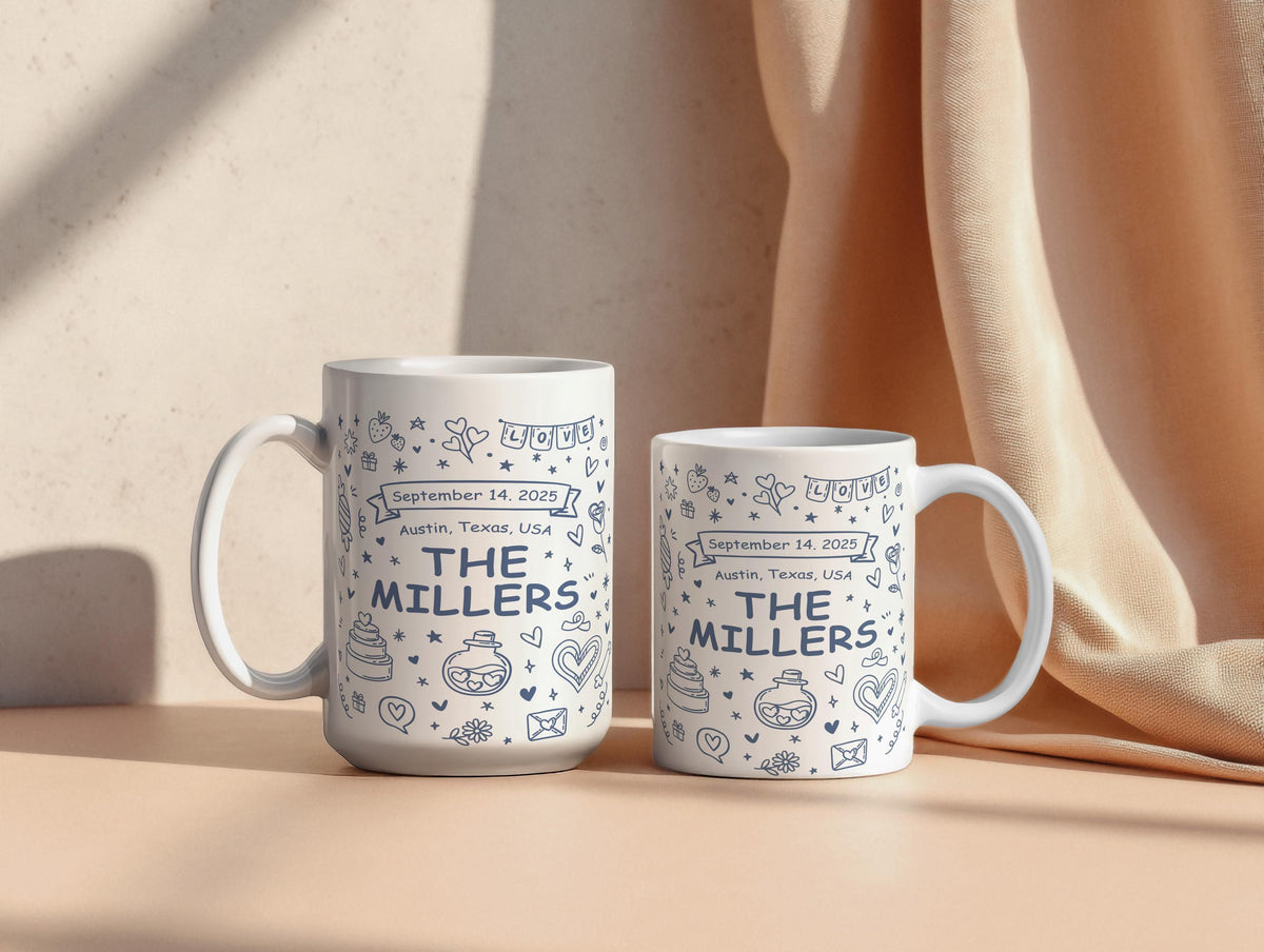 Custom Family Name Wedding Mug, Personalized Coffee Cup With Doodles, Wedding Souvenir Mug