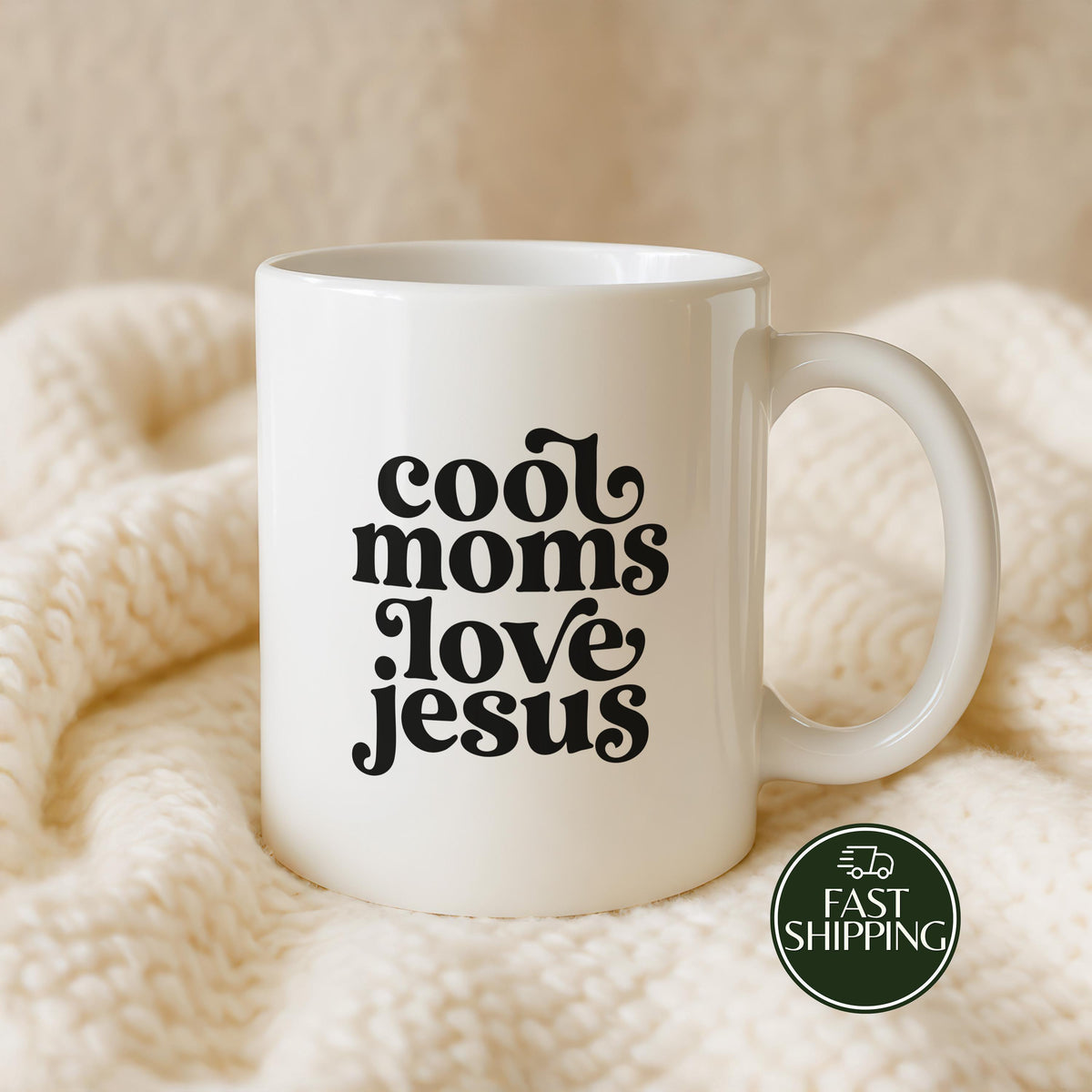 Cool Mom Loves Jesus Coffee Mug, Groovy Text Christian Ceramic Tea Cup, Religious Mother Gift