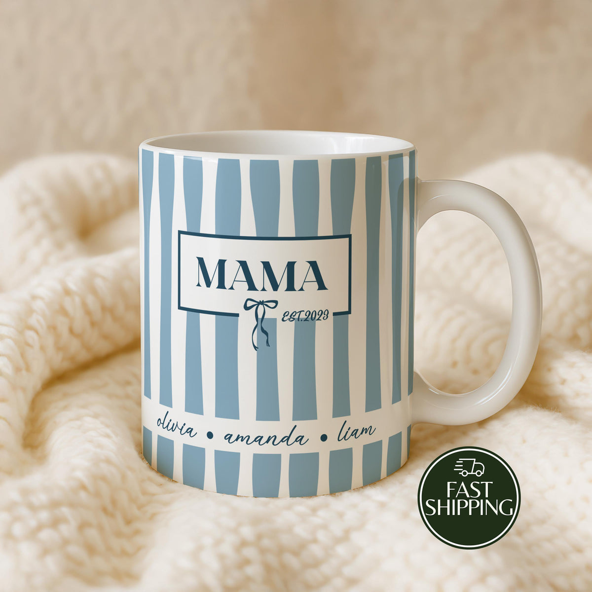 Personalized Chic Blue Stripe Mama Coffee Mug with Cute Bow