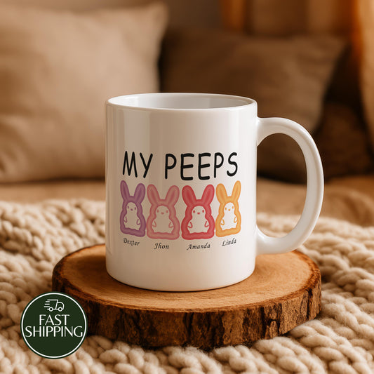 Personalized Colorful My Peeps Coffee Mug, Kids Names Easter Bunny Ceramic Cup