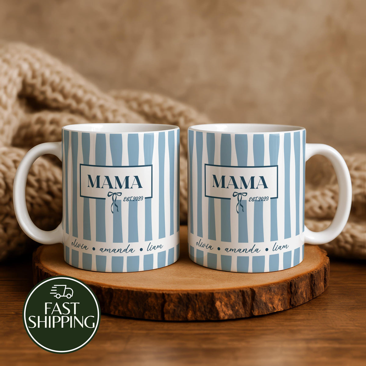Personalized Chic Blue Stripe Mama Coffee Mug with Cute Bow
