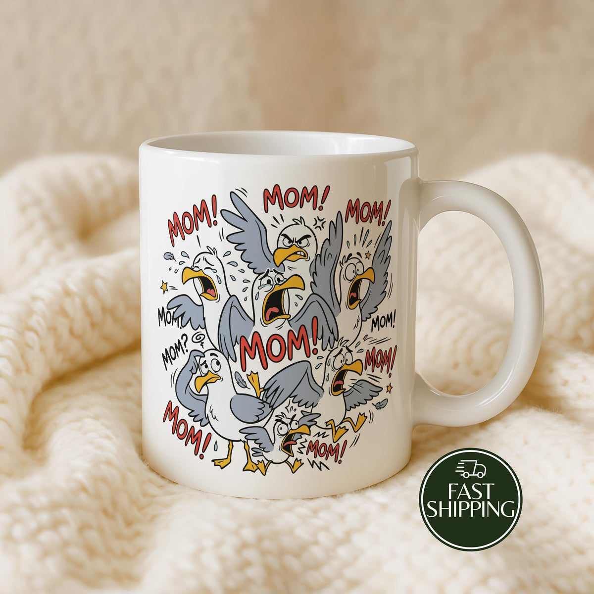Funny Mom Ceramic Cup with Screaming Seagulls, Chaos Coordinator Mama Coffee Mug