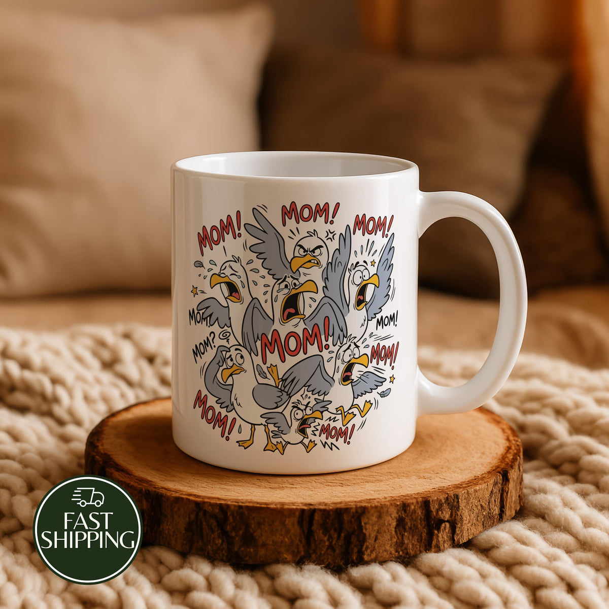 Funny Mom Ceramic Cup with Screaming Seagulls, Chaos Coordinator Mama Coffee Mug