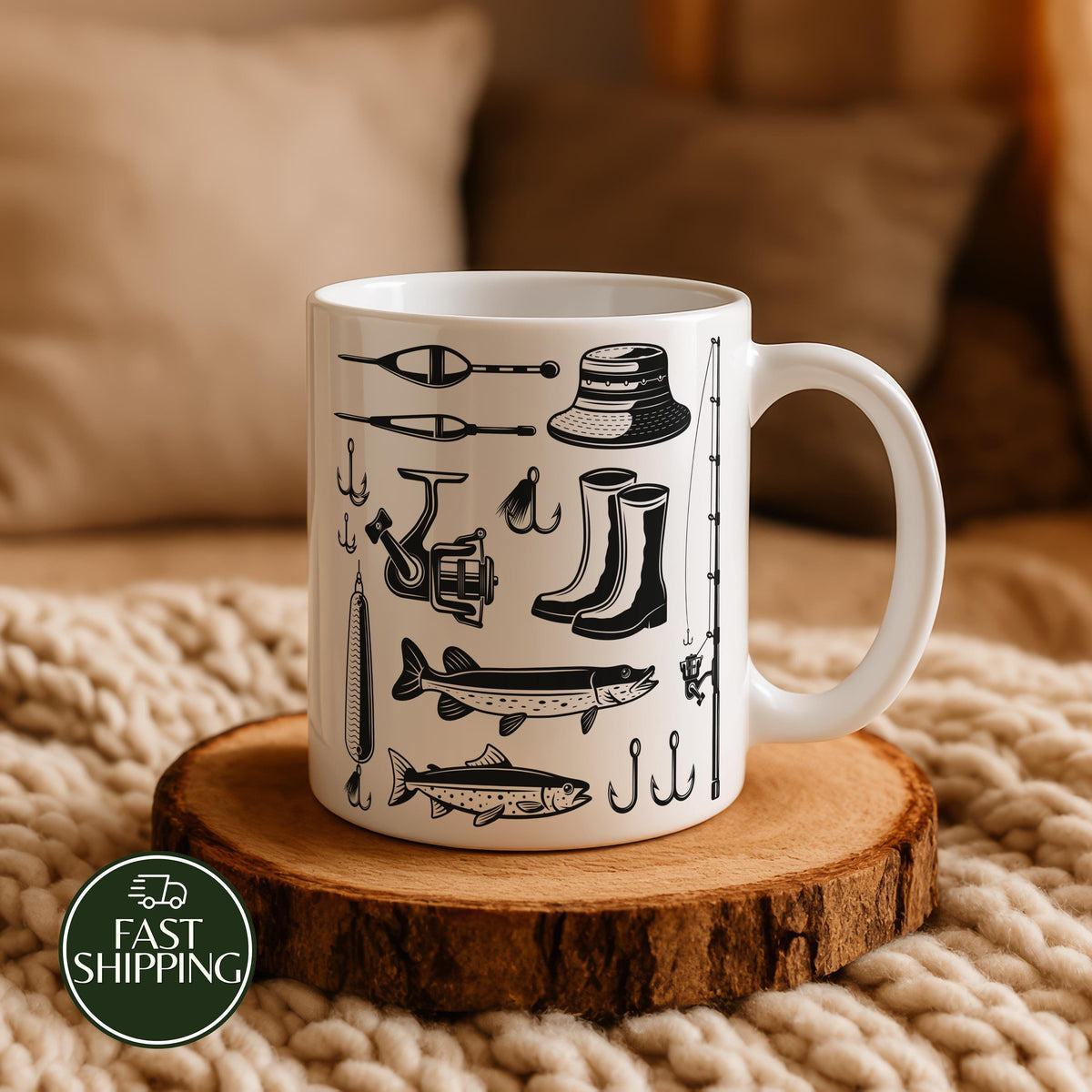 Design Optional Fishing Tools Illustration Mug, Fisherman Hobby Coffee Cup, Angler Life Gift