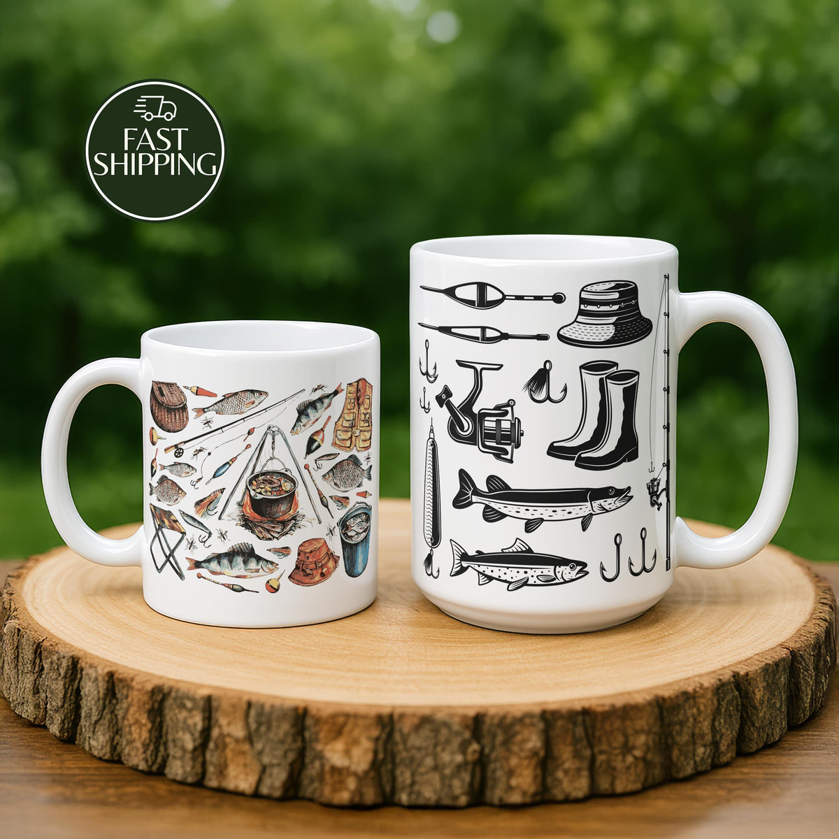 Design Optional Fishing Tools Illustration Mug, Fisherman Hobby Coffee Cup, Angler Life Gift