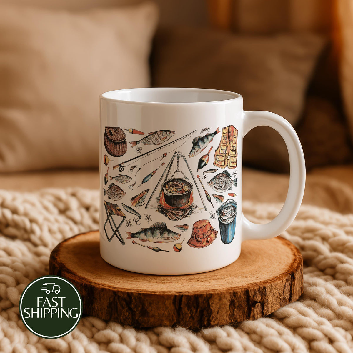 Design Optional Fishing Tools Illustration Mug, Fisherman Hobby Coffee Cup, Angler Life Gift