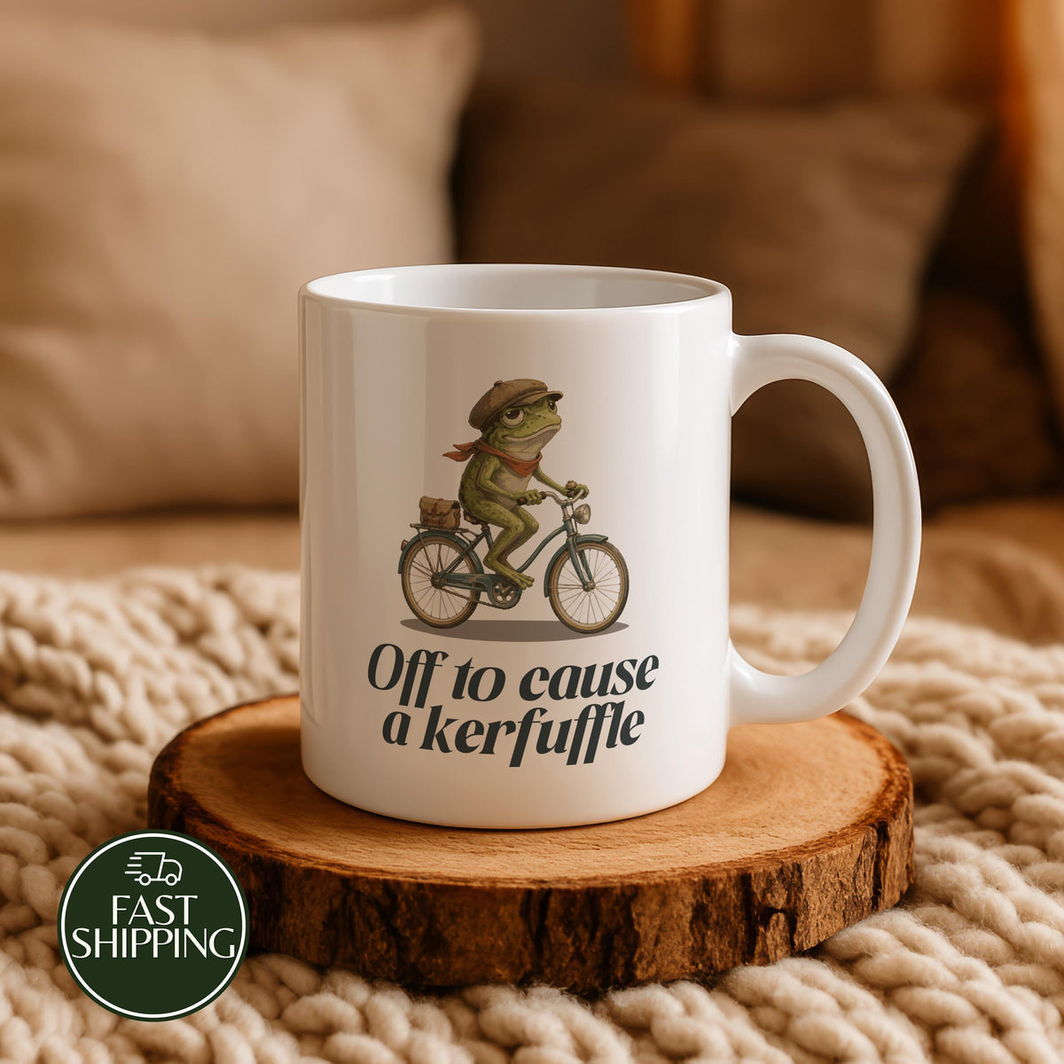 Off to Cause a Kerfuffle Coffee Mug, Funny Frog on Bike Ceramic Cup