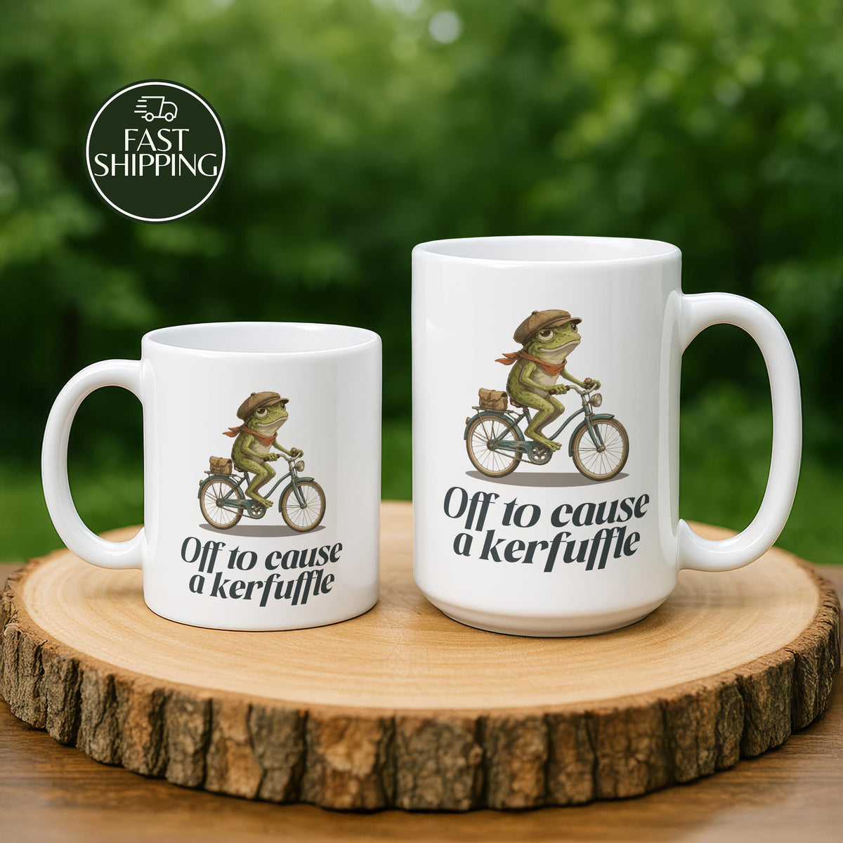 Off to Cause a Kerfuffle Coffee Mug, Funny Frog on Bike Ceramic Cup
