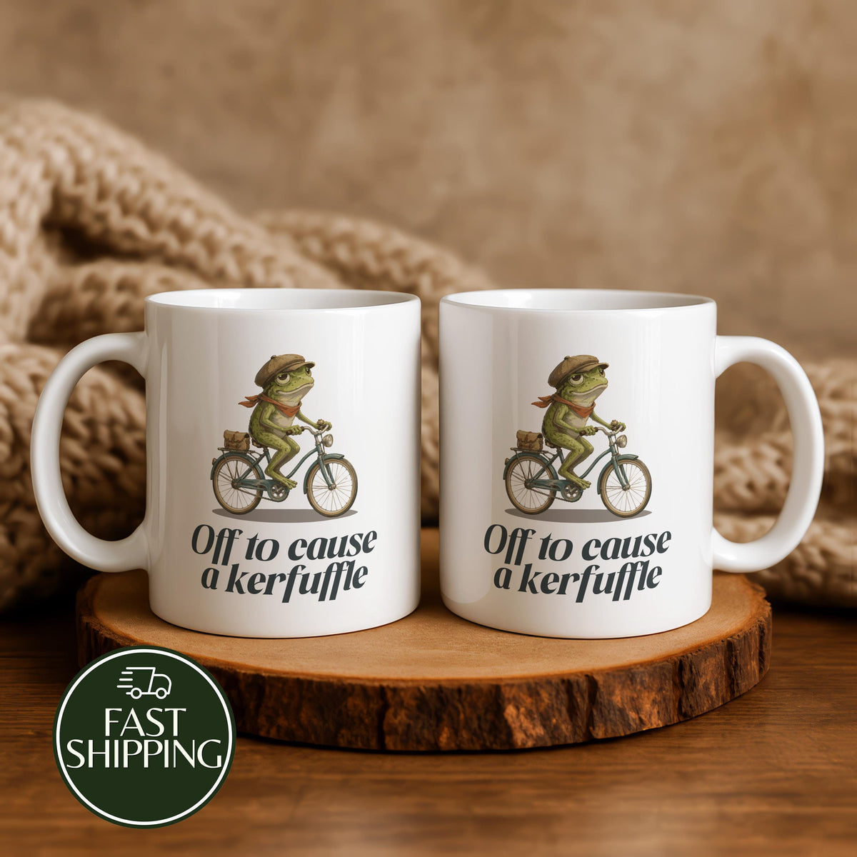 Off to Cause a Kerfuffle Coffee Mug, Funny Frog on Bike Ceramic Cup