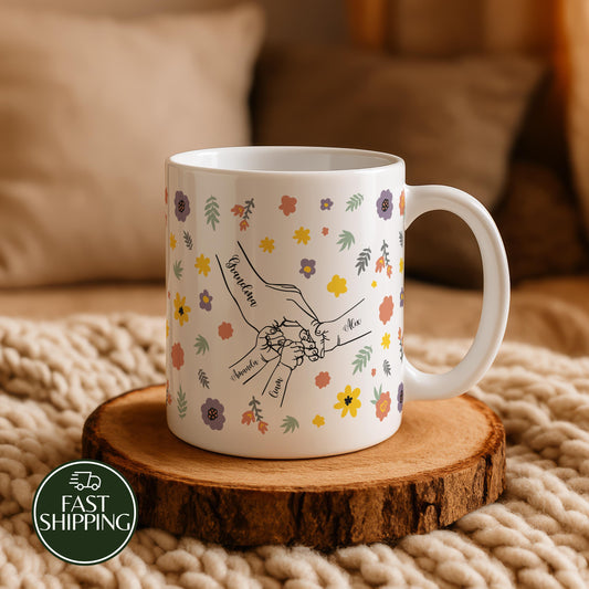 Personalized Grandma and Grandkids Holding Hands Mug