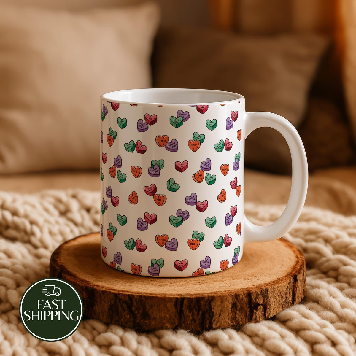 Candy Hearts Pattern Ceramic Mug, Cute Romantic Valentine's Day Gift