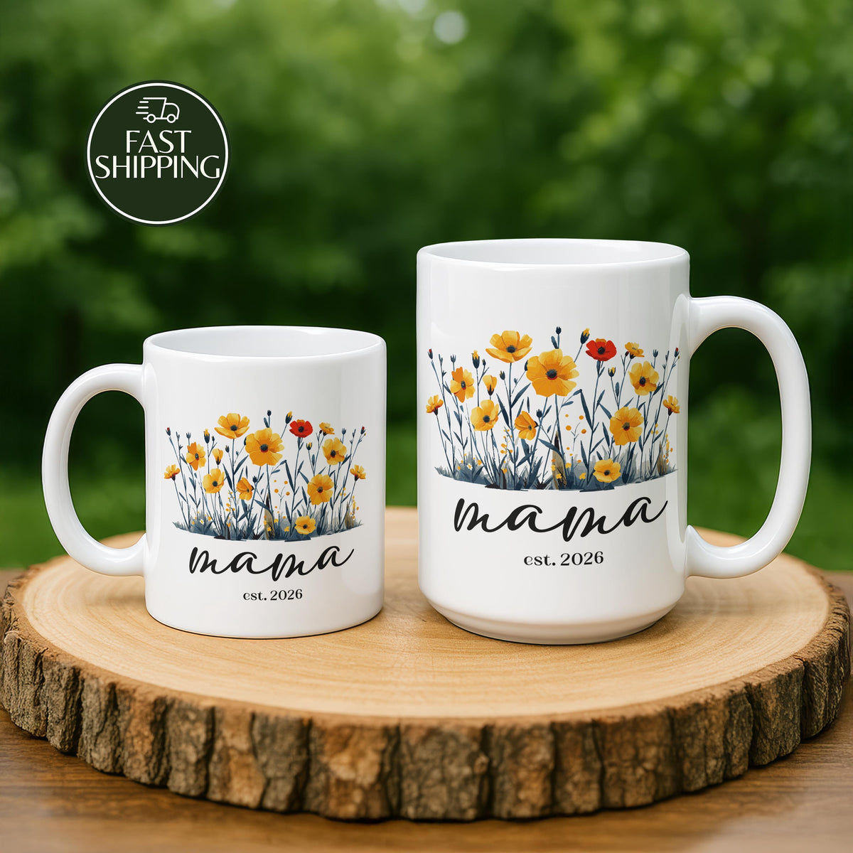 Personalized Floral Mama Est Coffee Mug, Boho Wildflower Design Pottery Tea Cup