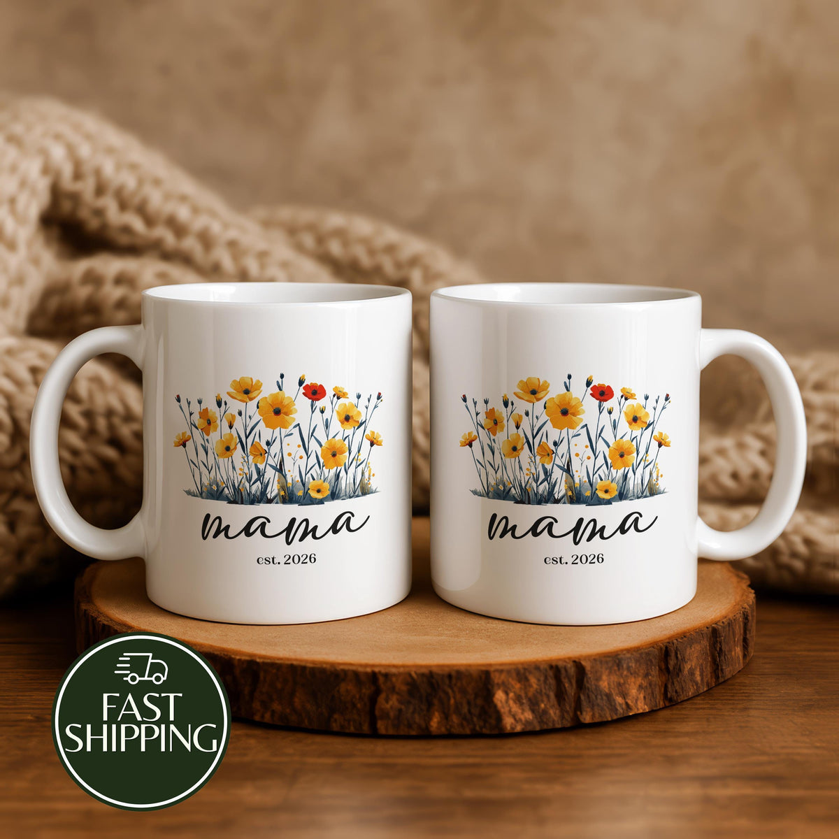 Personalized Floral Mama Est Coffee Mug, Boho Wildflower Design Pottery Tea Cup