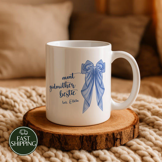 Personalized Aunt Godmother Bestie Coffee Mug, Blue Coquette Bow Ceramic Cup