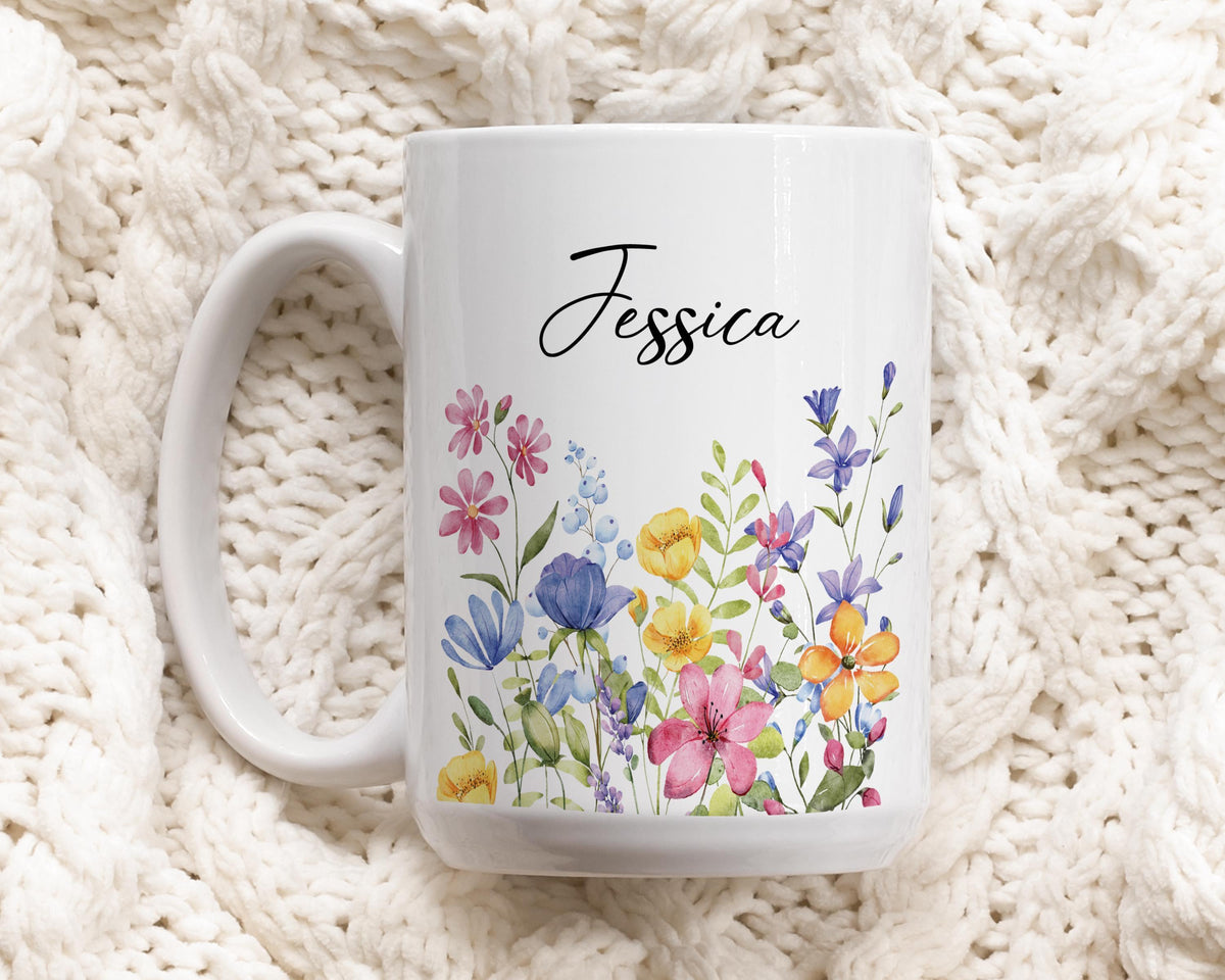 Wildflowers Themed Coffee Mug – Aesthetic Custom Name Tea Cup, Personalized Floral Ceramic Mug