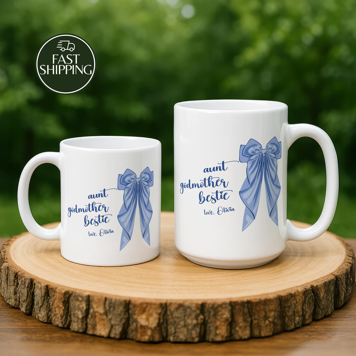 Personalized Aunt Godmother Bestie Coffee Mug, Blue Coquette Bow Ceramic Cup