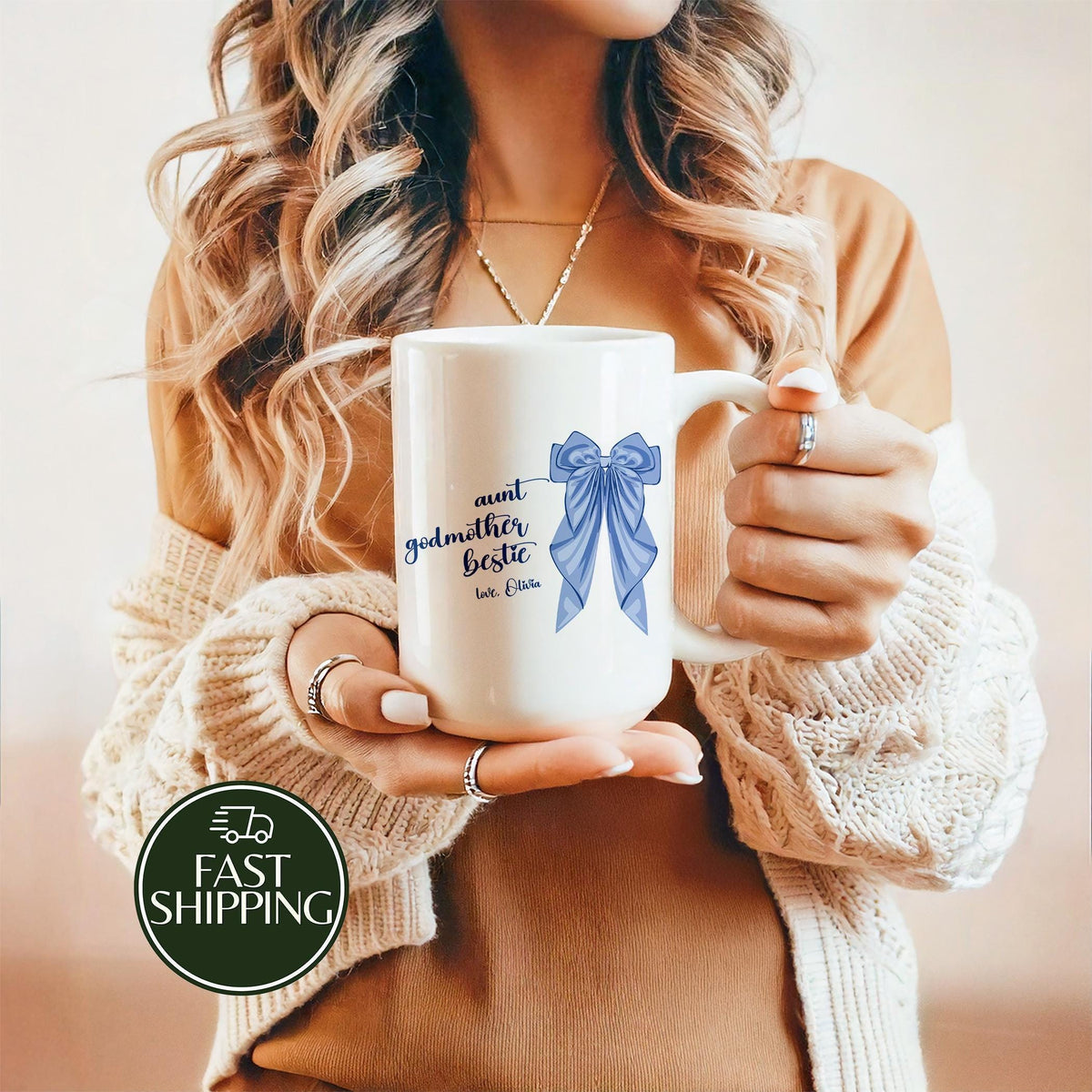Personalized Aunt Godmother Bestie Coffee Mug, Blue Coquette Bow Ceramic Cup