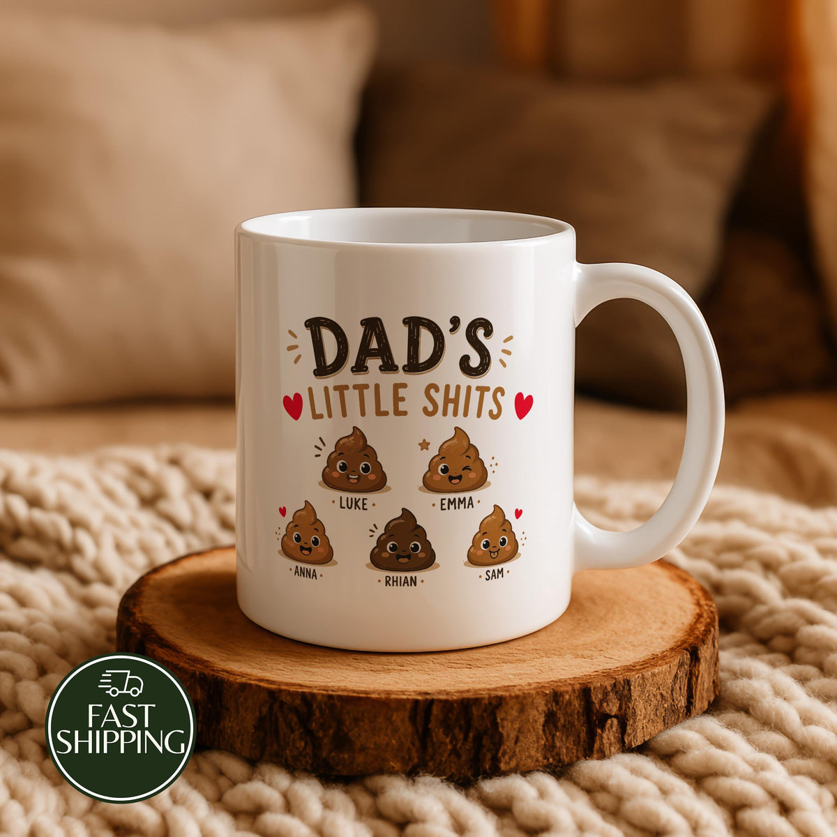 Custom Dad’s Little Shits Coffee Mug, Personalized Funny Poop Cartoon Cup with Children Names