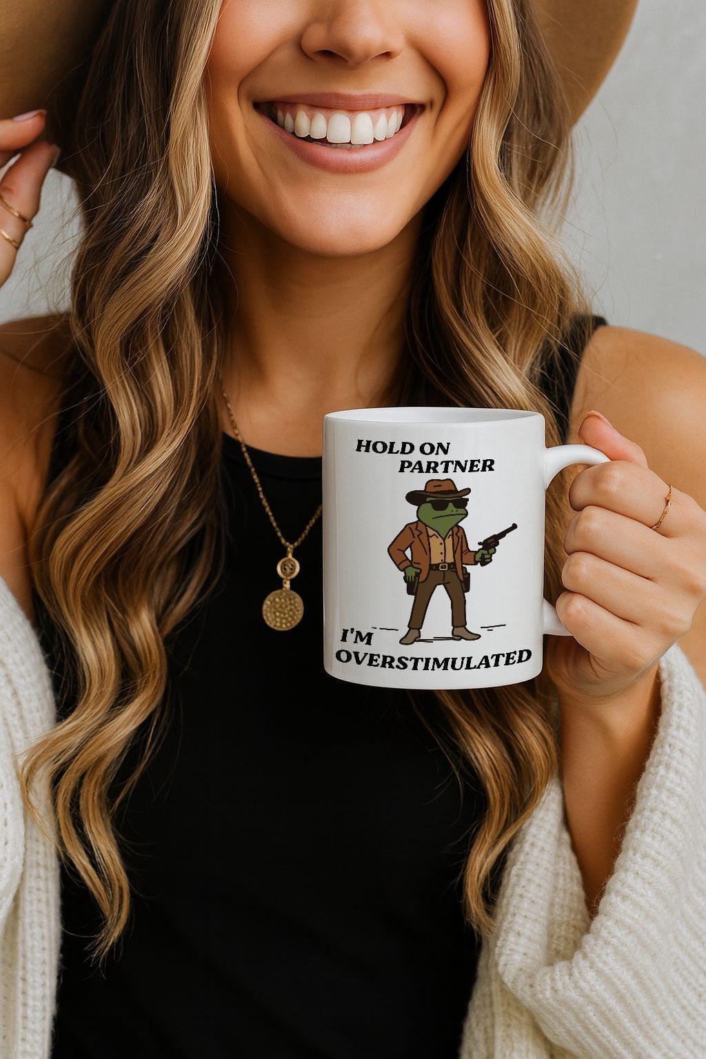 Hold On Partner I'm Overstimulated Mug, Cowboy Frog Coffee Mug