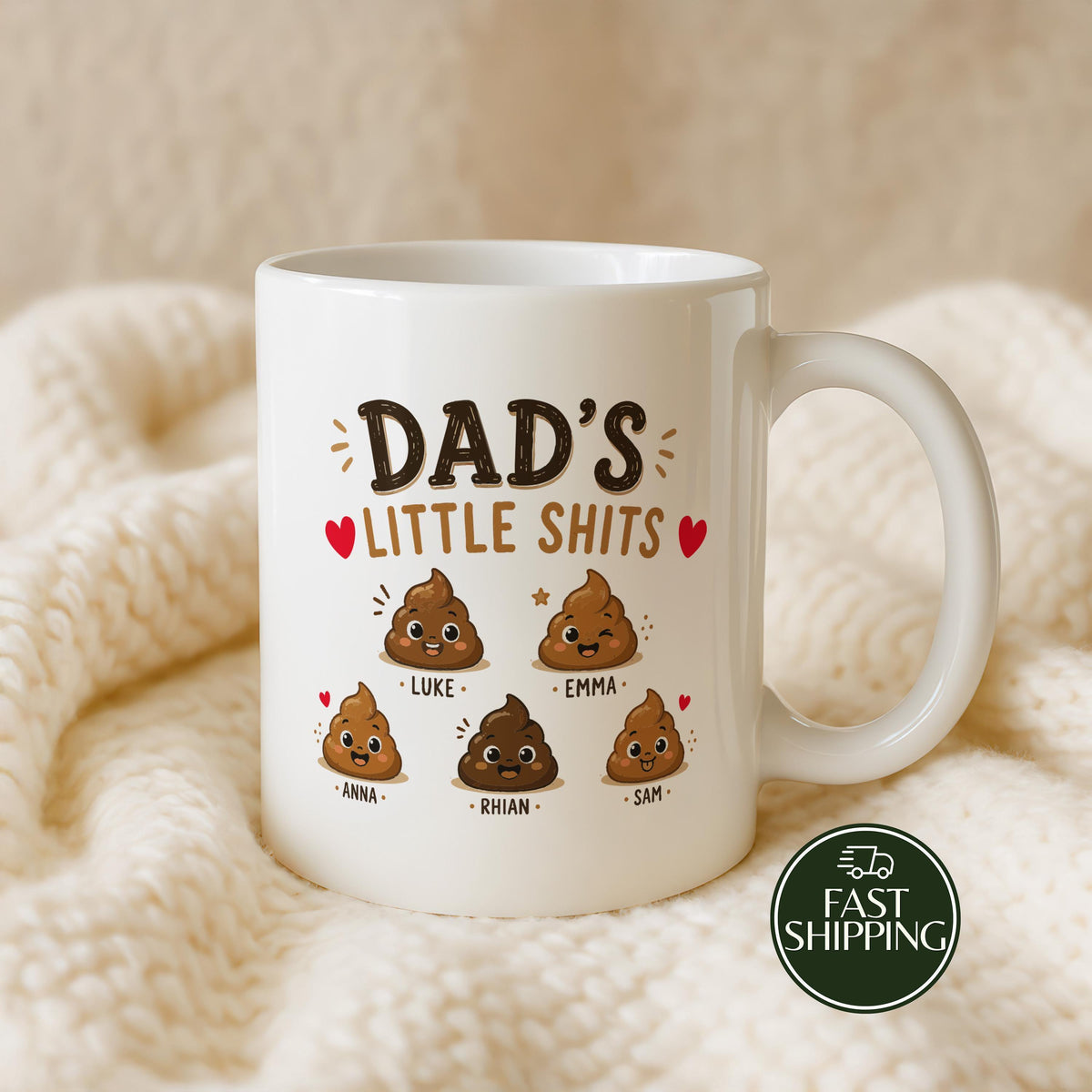Custom Dad’s Little Shits Coffee Mug, Personalized Funny Poop Cartoon Cup with Children Names