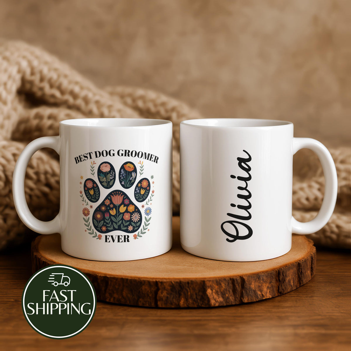 Custom Name Best Dog Groomer Ever Coffee Mug, Floral Paw Print Pet Coiffeur Ceramic Cup