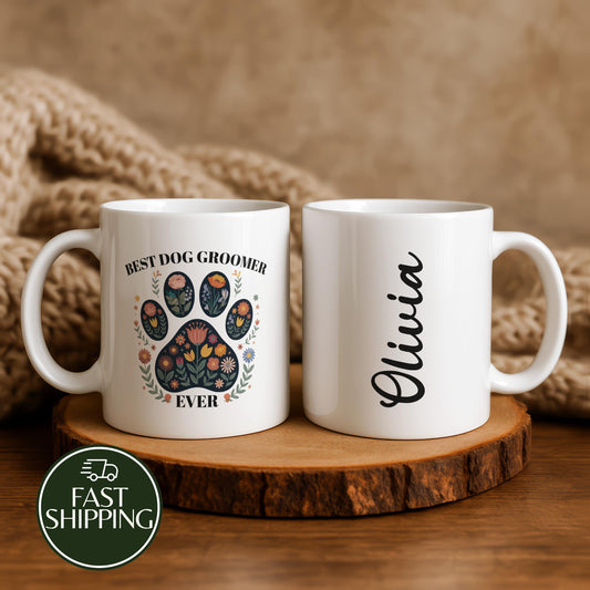 Custom Name Best Dog Groomer Ever Coffee Mug, Floral Paw Print Pet Coiffeur Ceramic Cup