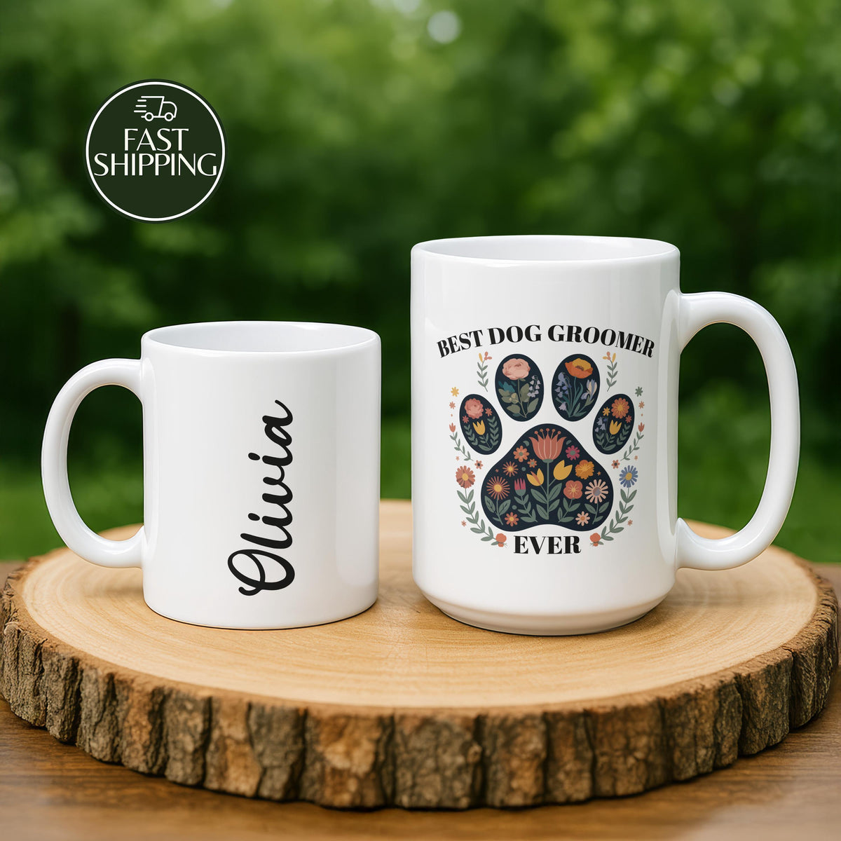 Custom Name Best Dog Groomer Ever Coffee Mug, Floral Paw Print Pet Coiffeur Ceramic Cup