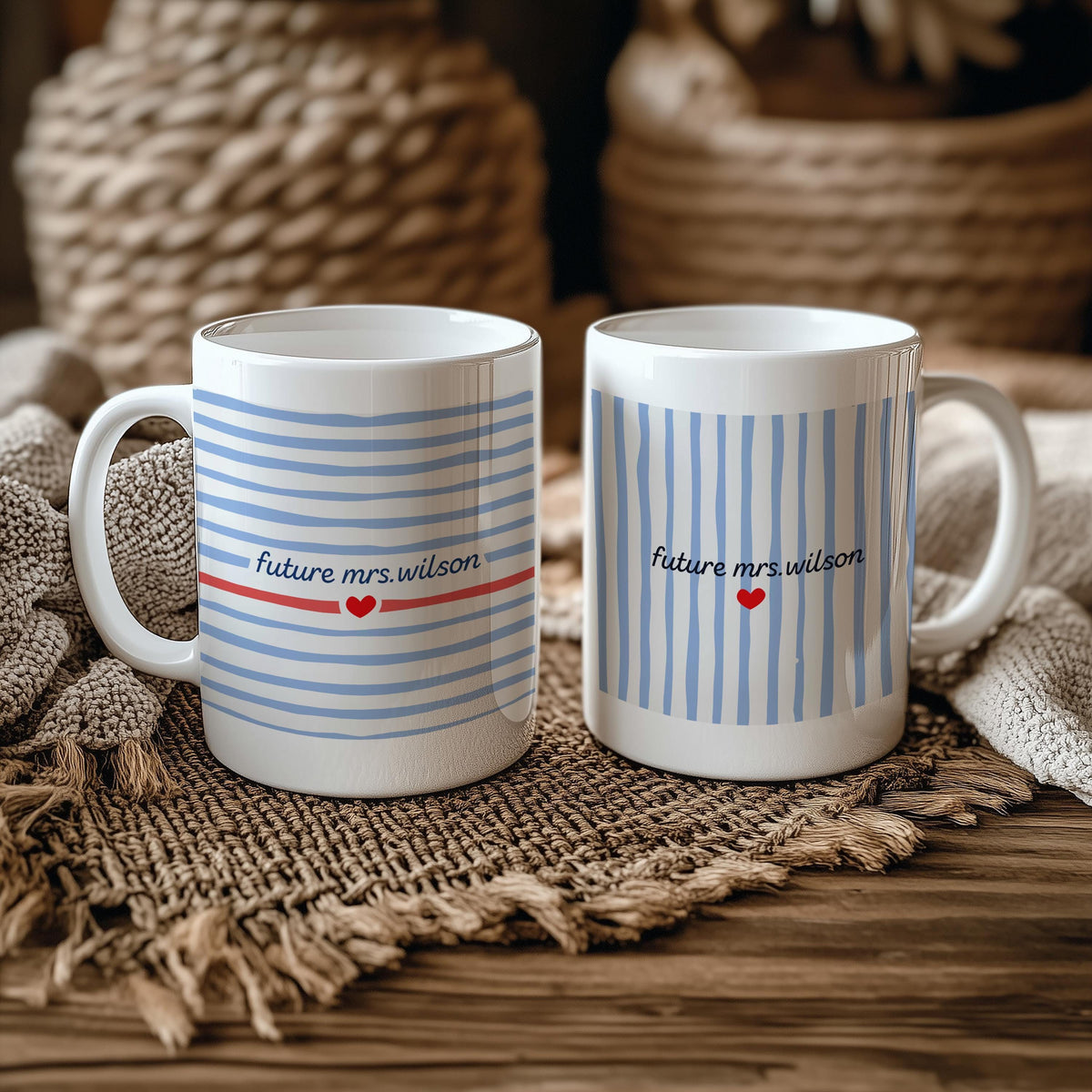 Personalized Future Mrs Coffee Mug, Blue Striped Fiancee Pottery Tea Cup