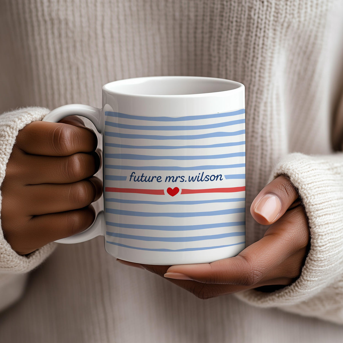 Personalized Future Mrs Coffee Mug, Blue Striped Fiancee Pottery Tea Cup