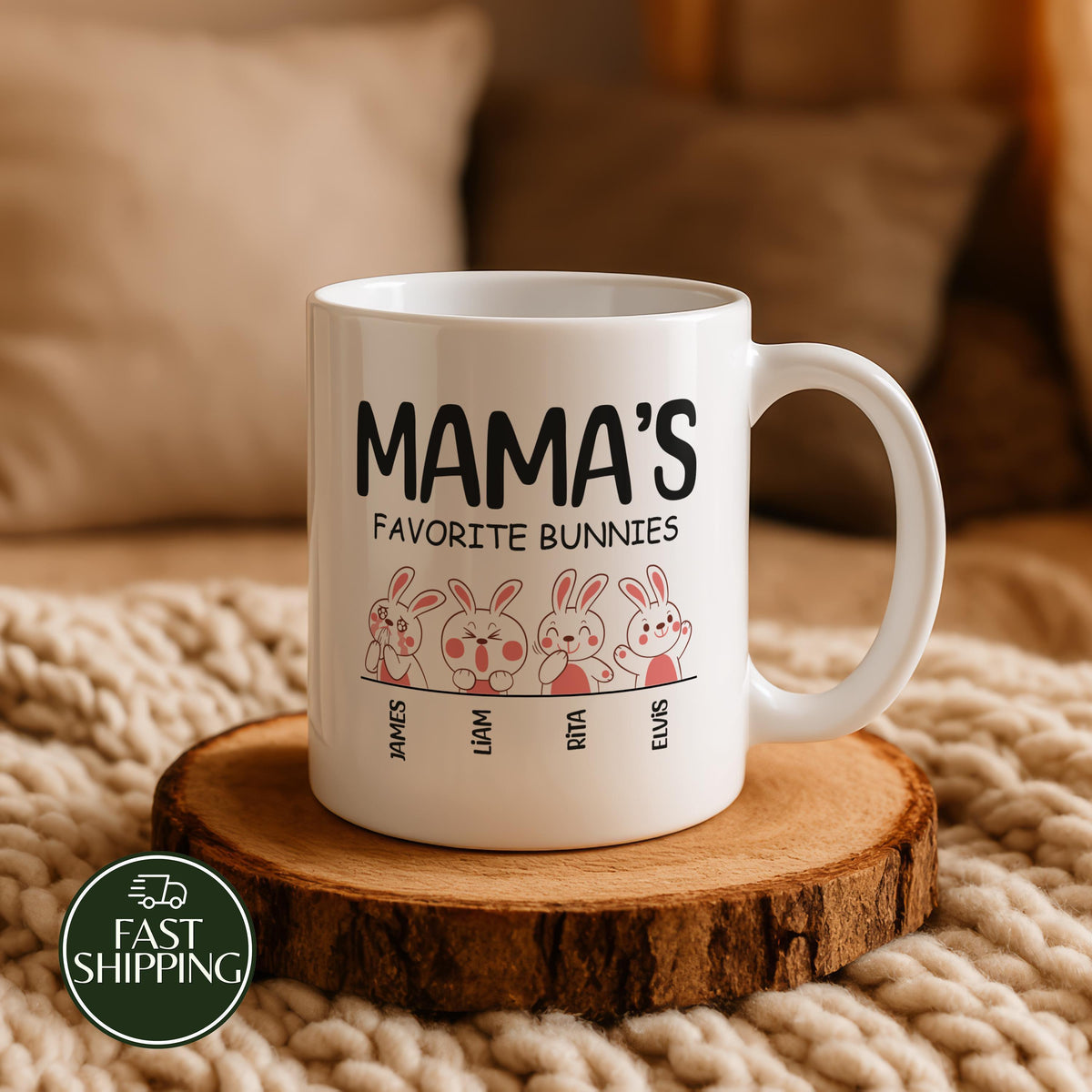Mama's Favorite Bunnies Mug With Kids Names, Personalized Cute Mom Easter Coffee Mug