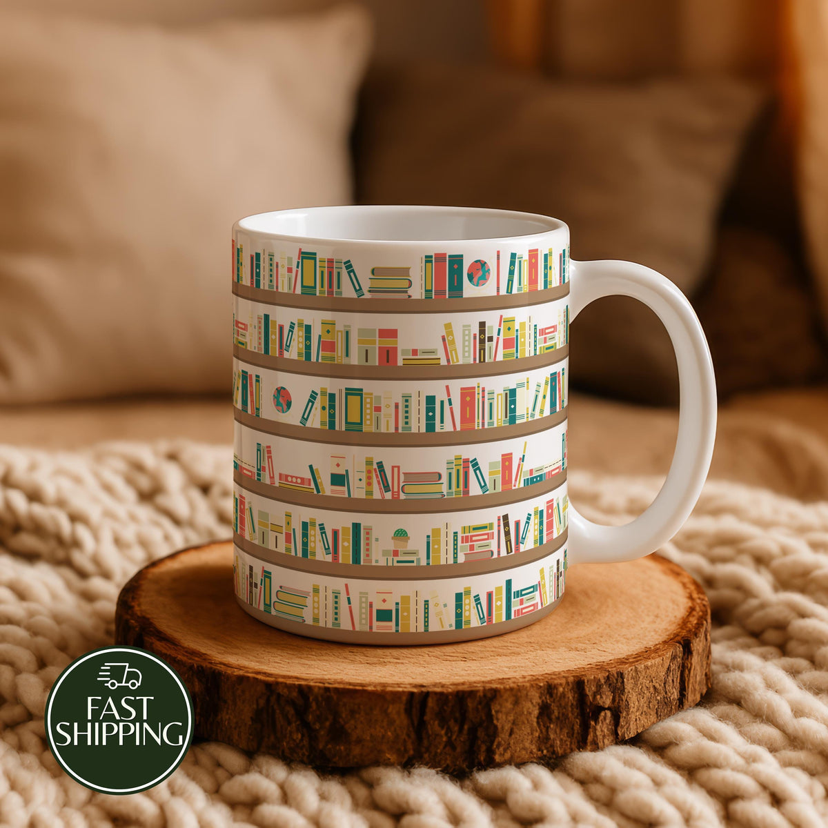 Bookshelf Illustration Coffee Mug, Cozy Reading Ceramic Cup, Aesthetic Book Enthusiast Gift
