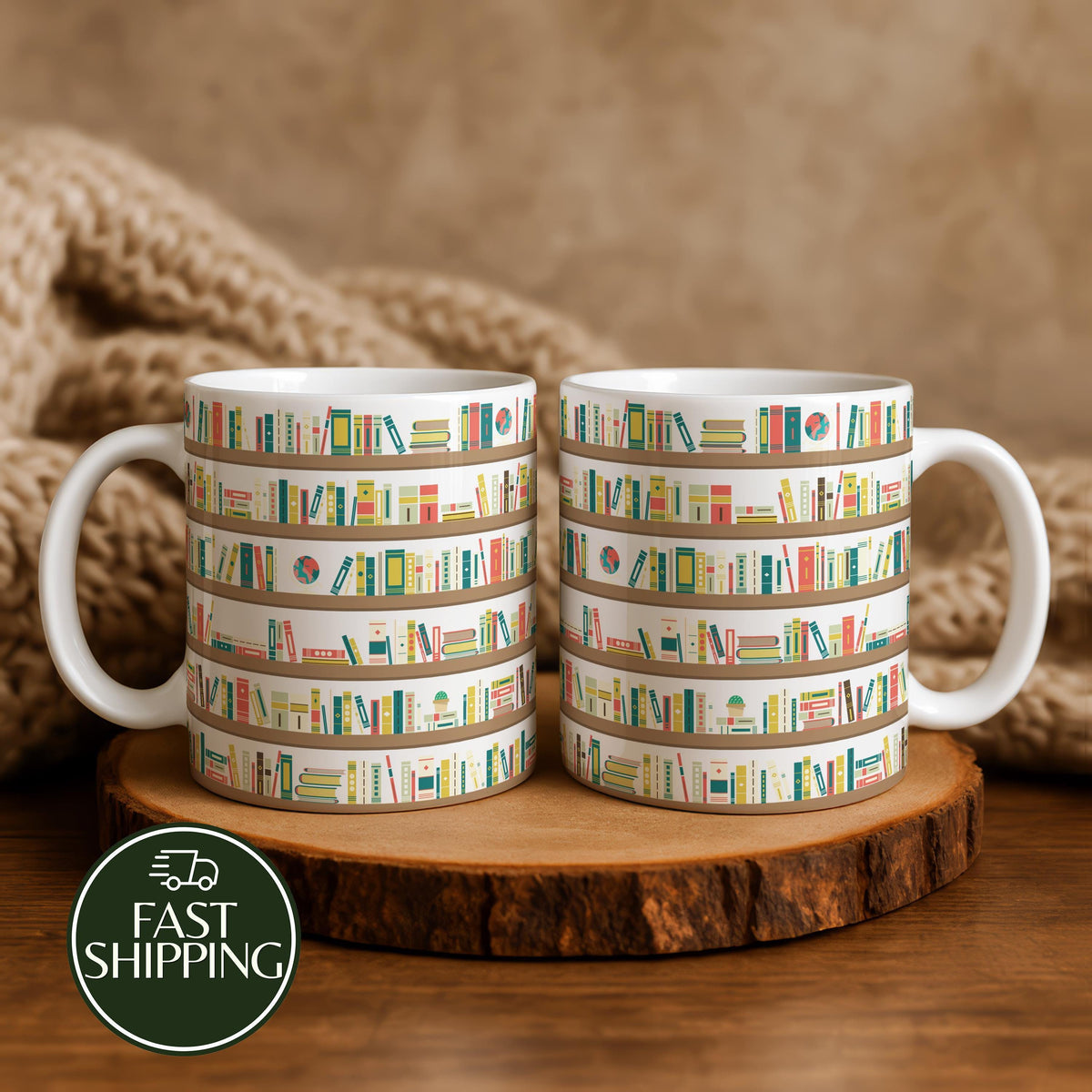 Bookshelf Illustration Coffee Mug, Cozy Reading Ceramic Cup, Aesthetic Book Enthusiast Gift