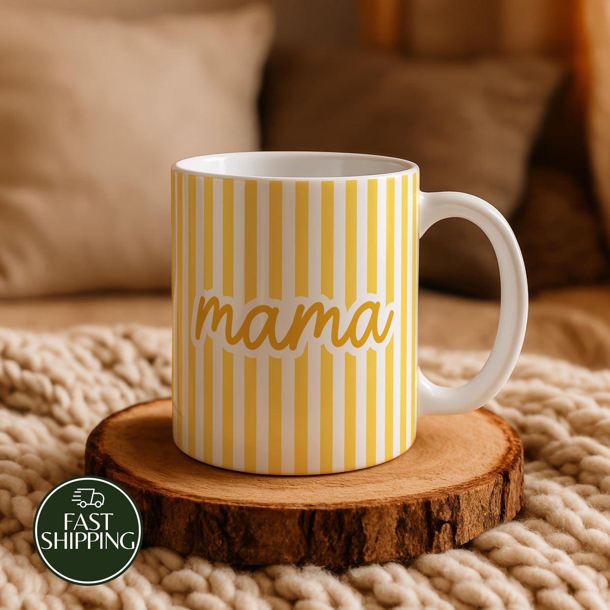 Aesthetic Yellow Striped Mama Coffee Mug, Preppy Office Desk Ceramic Mug for Mom