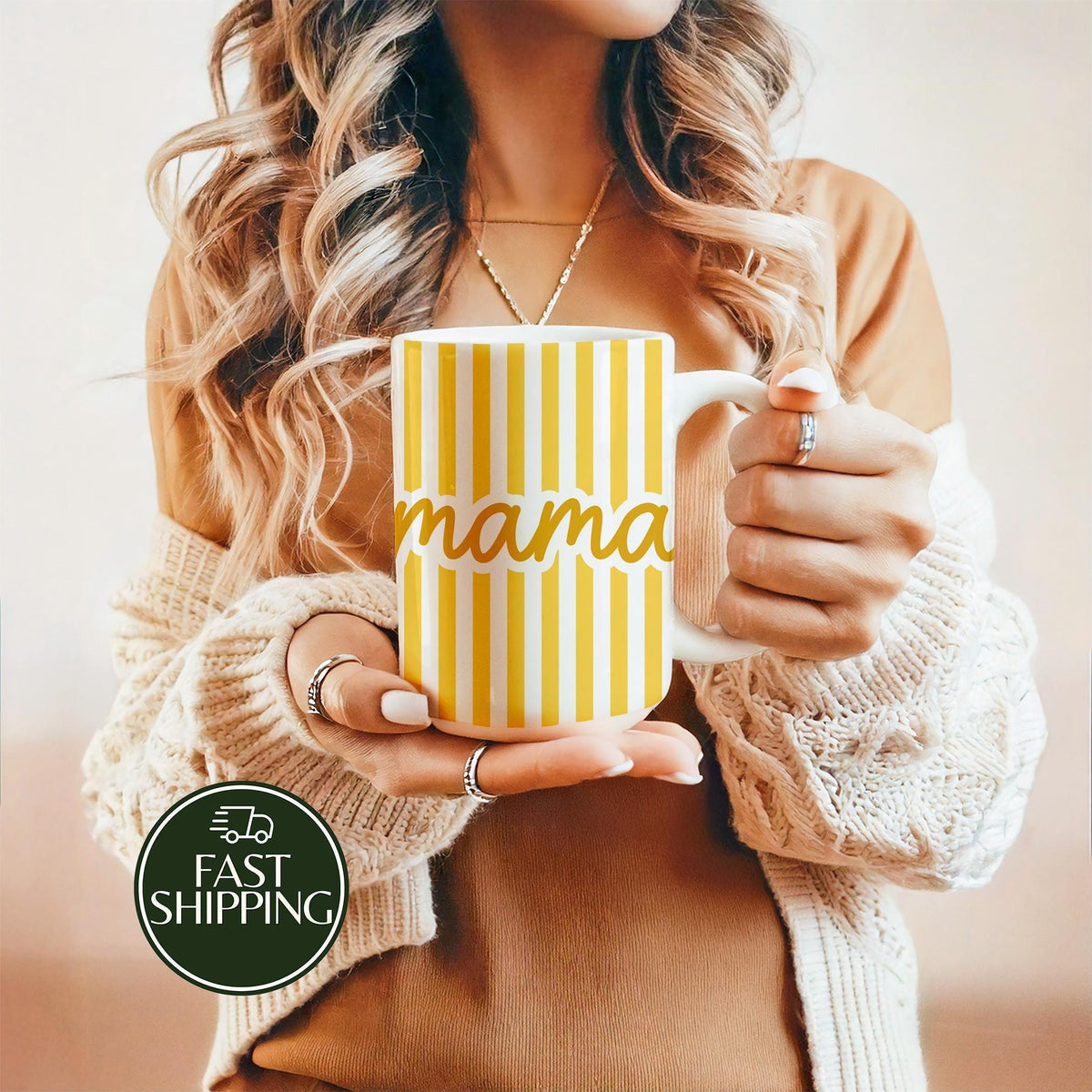 Aesthetic Yellow Striped Mama Coffee Mug, Preppy Office Desk Ceramic Mug for Mom