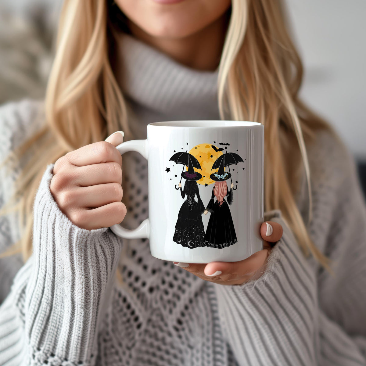 Two Witches Under Moon Coffee Mug, Always Throw Spilled Salt Mug, Witchy Best Friend Gift