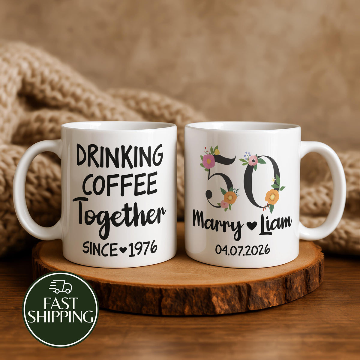 Personalized Drinking Coffee Together Ceramic Mug, Custom Name & Date Anniversary Cup