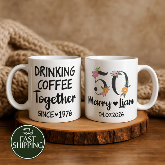 Personalized Drinking Coffee Together Ceramic Mug, Custom Name & Date Anniversary Cup