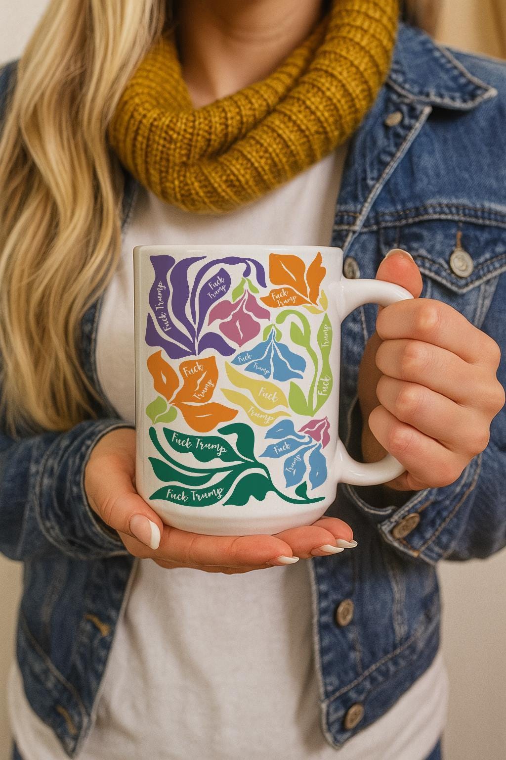 Floral Anti Trump Ceramic Mug, F*ck Donald Trump Coffee Cup, Subtle Democrat Pottery Cup