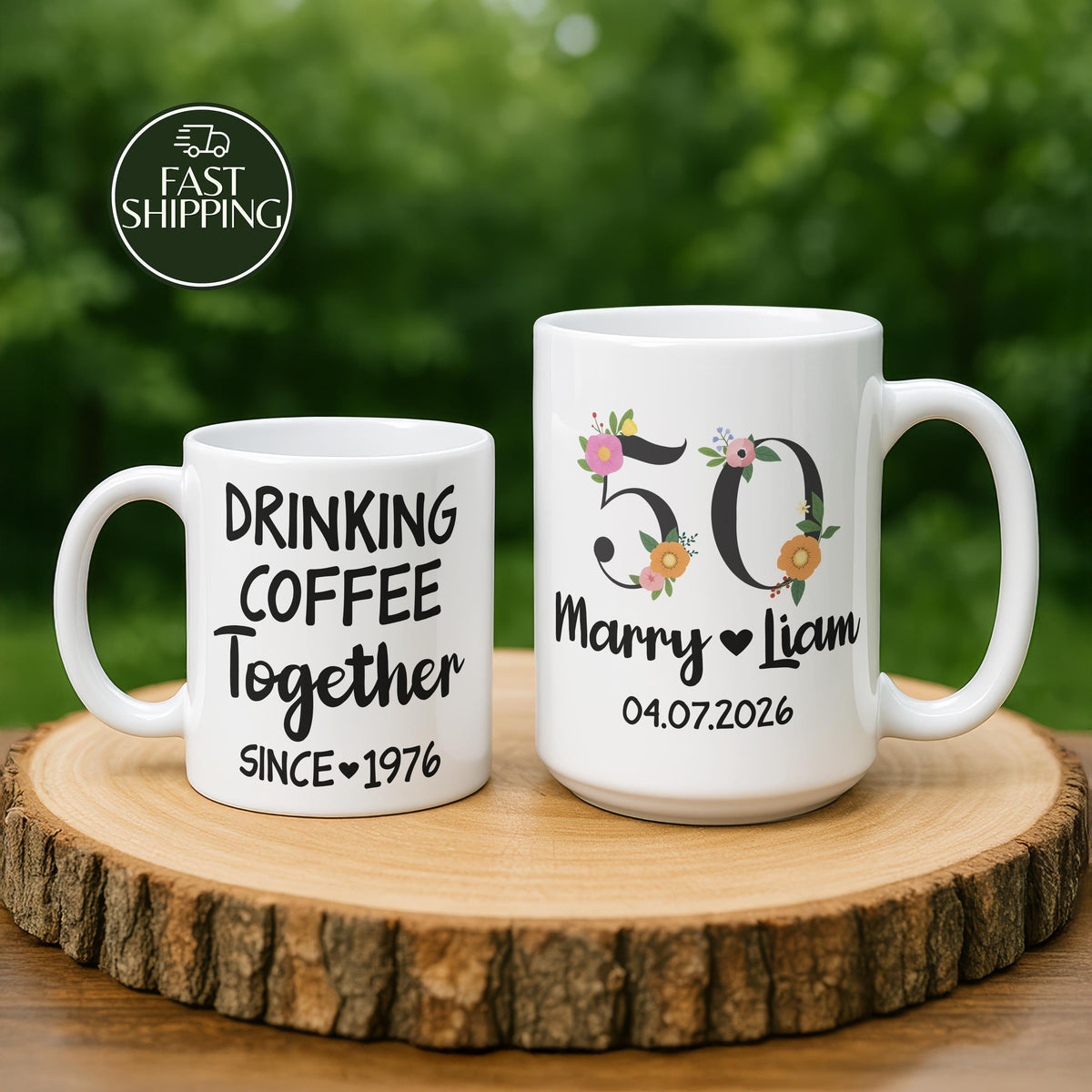 Personalized Drinking Coffee Together Ceramic Mug, Custom Name & Date Anniversary Cup
