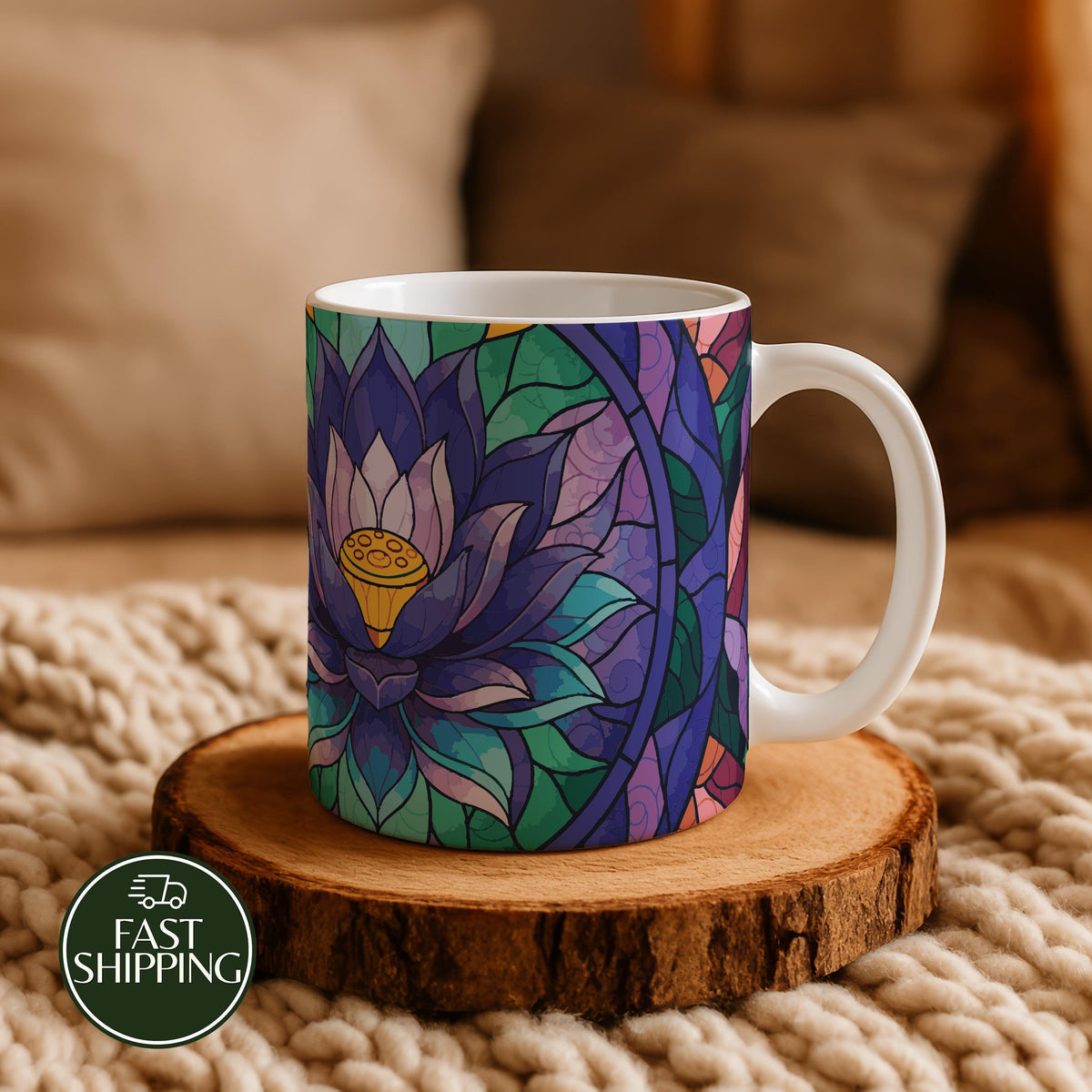 Stained Glass Lotus Illustration Coffee Mug, Botanical Mosaic Art Ceramic Cup
