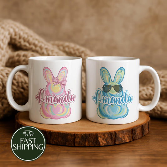 Custom Name Easter Peeps Ceramic Cup, Personalized Matching Couple Easter Coffee Mug