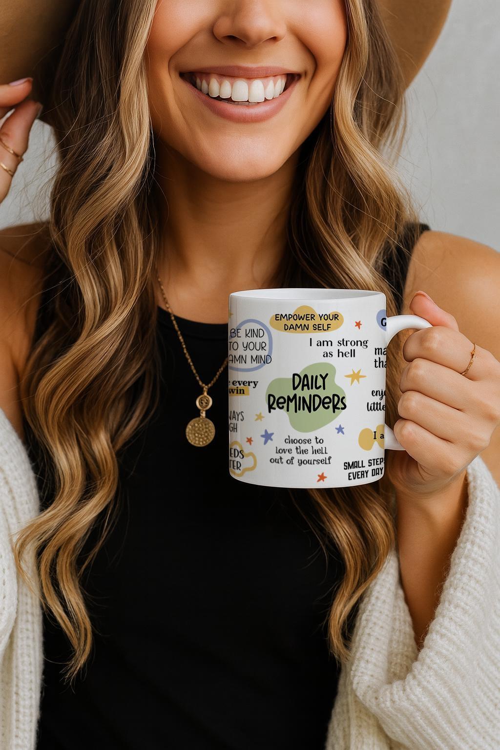Colorful Daily Reminders Mug, Motivation Quotes Pottery Mug, Inspirational Ceramic Tea Cup